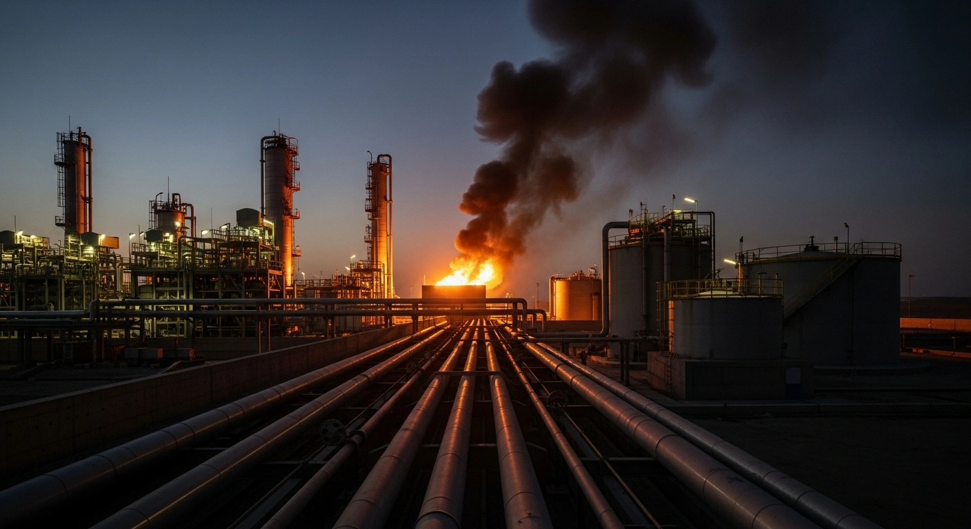 A view of a damaged water desalination plant in Bahrain following an alleged drone strike, with smoke rising from the industrial facility.