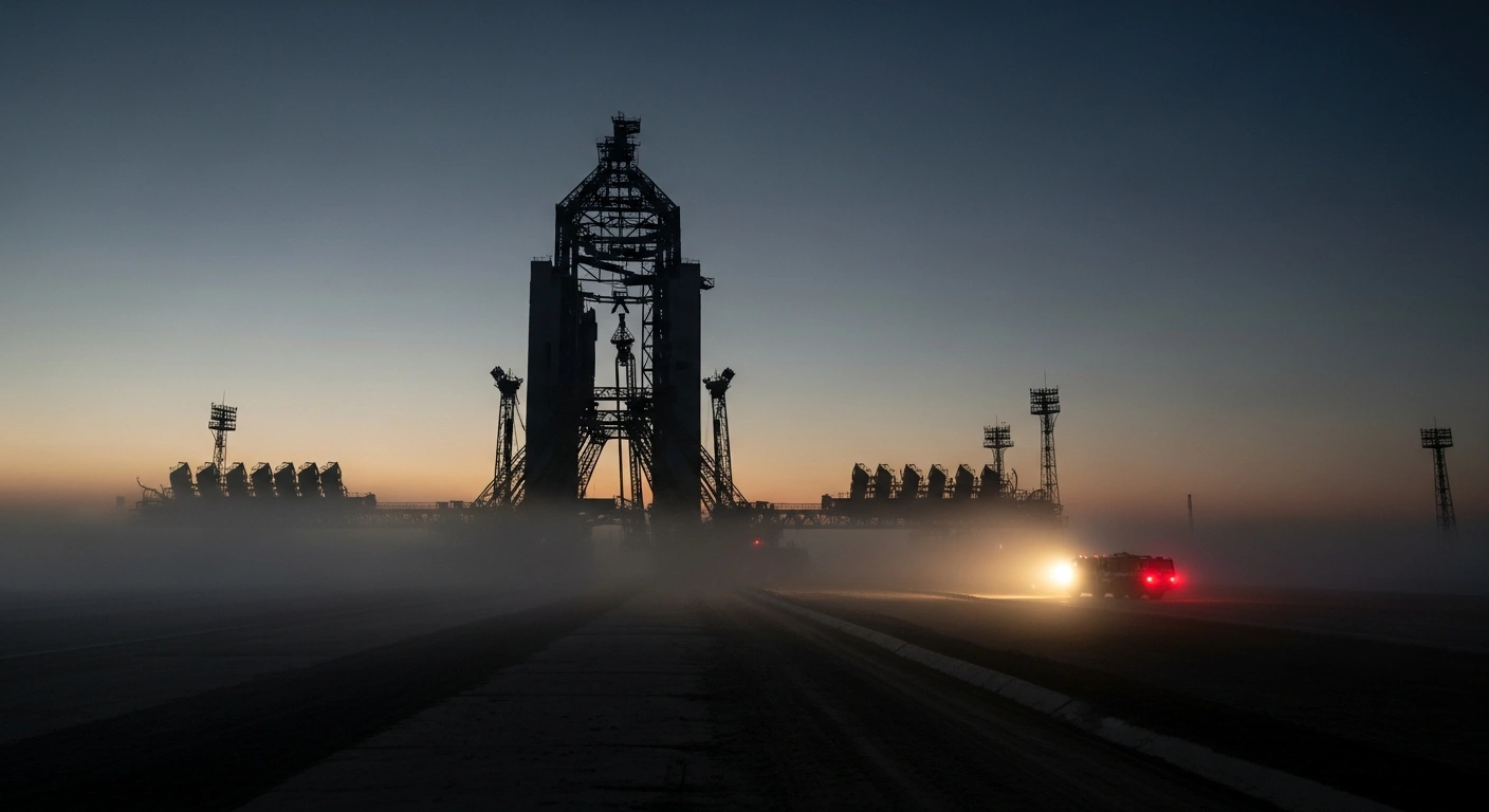 A wide, low-angle view at dawn shows the damaged launchpad at Russia's Baikonur Cosmodrome in Kazakhstan, with the collapsed movable servicing cabin silhouetted against a pre-sunrise sky, highlighted by emergency spotlights, following the Soyuz MS-28 mission launch.