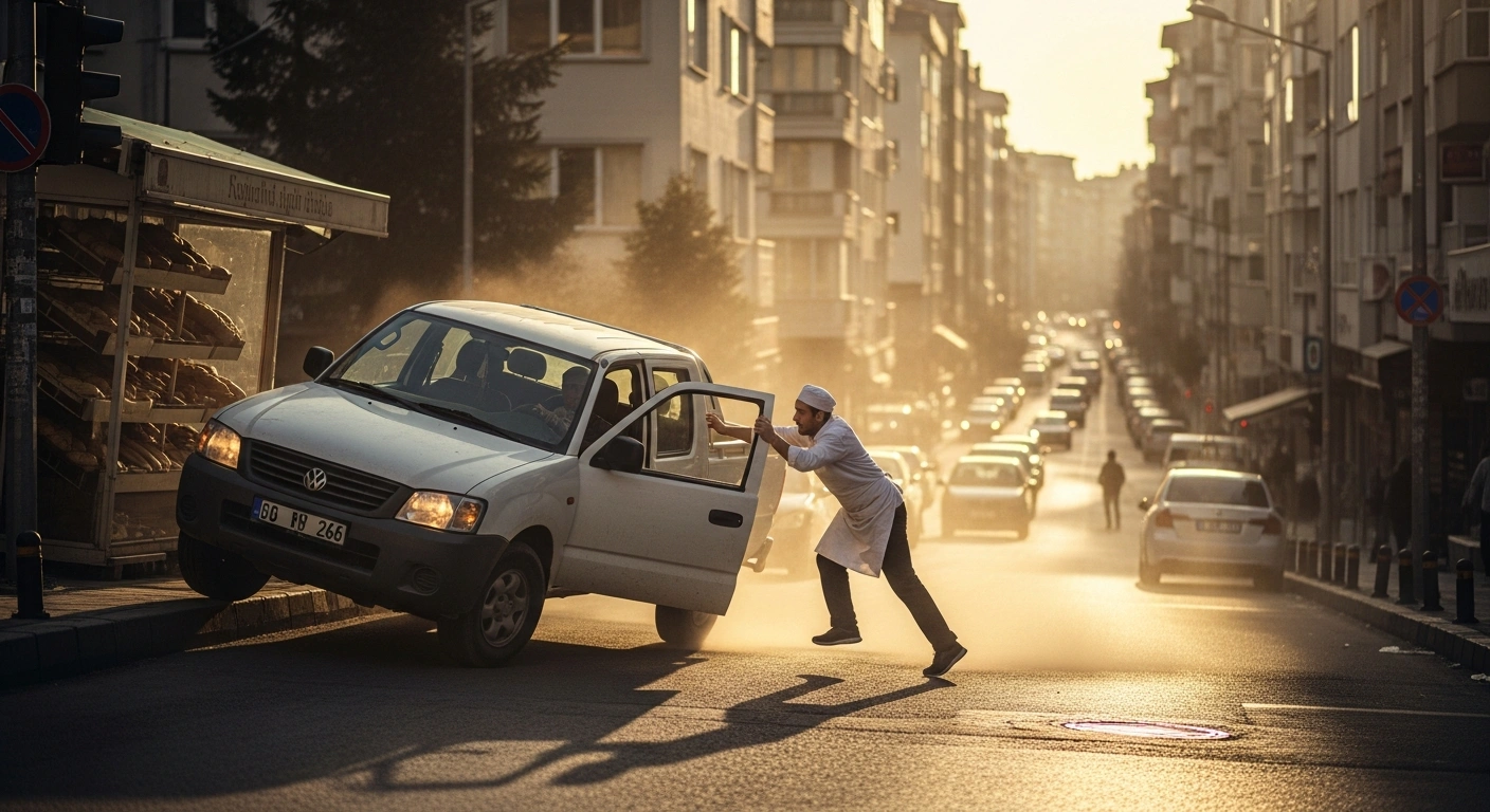 A bakery worker in Ankara jumps into a moving, driverless pickup truck rolling down a hill to bring it to a safe stop.