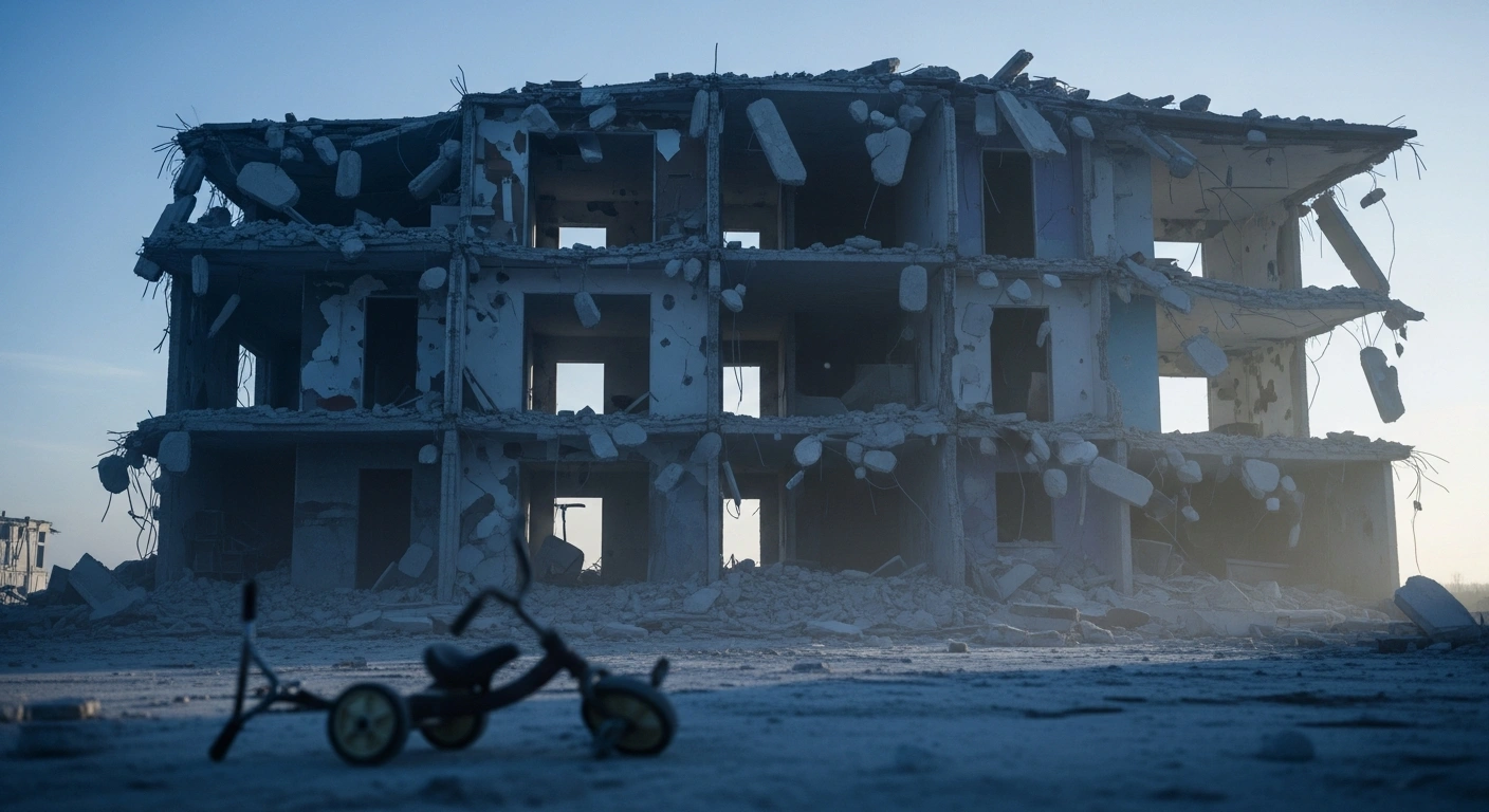 A partially collapsed residential building stands under a somber pre-dawn sky, with debris scattered around and an overturned tricycle in the foreground, depicting the aftermath of a Russian missile strike in Balakliya, Kharkiv region, which caused fatalities and injuries, including children, and damaged residential buildings and a kindergarten.