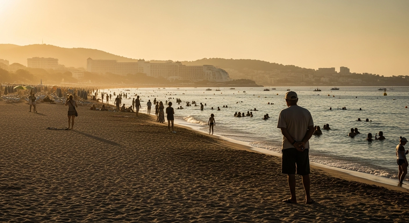 A wide, cinematic shot at golden hour depicts a visibly crowded Mediterranean beach in the Balearic Islands, with a lone local resident silhouetted in the foreground, reflecting on the effects of mass tourism and the proposed tourist tax.