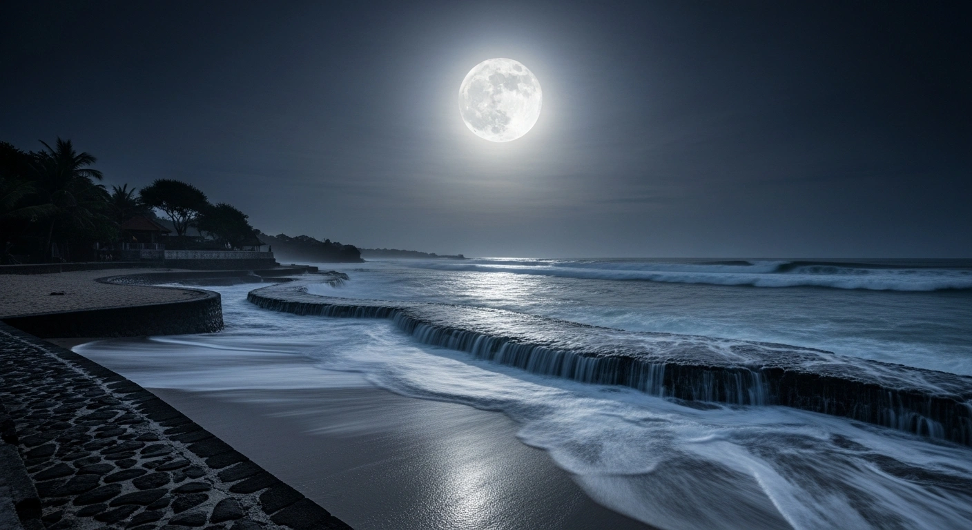 A powerful tidal surge hits the coast of Bali during a full moon as authorities issue a coastal flooding warning.
