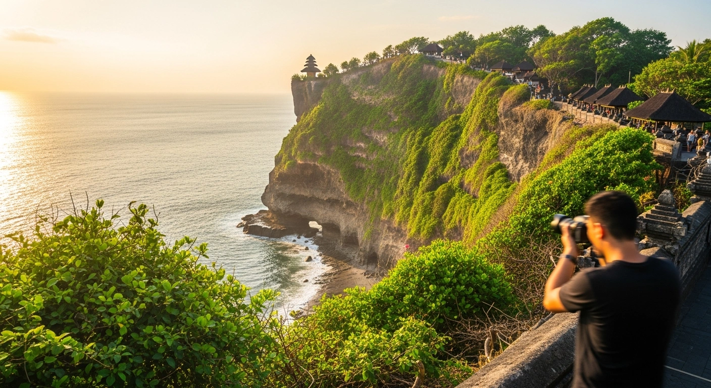 The iconic Uluwatu Temple stands on a cliff overlooking the ocean in Bali, representing the island's major contribution to Indonesia's tourism economy in 2025.