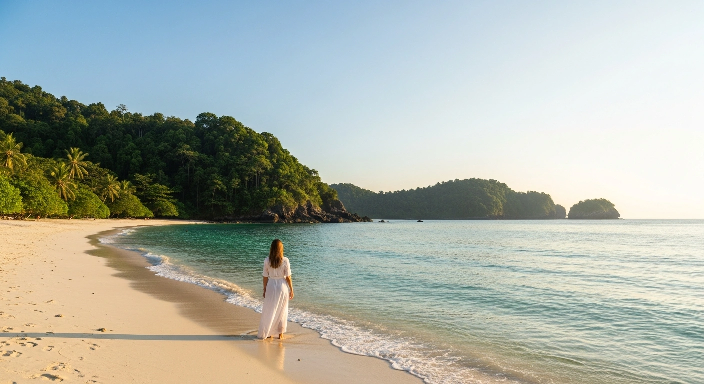 A serene, golden hour scene on a secluded Balinese beach shows a single tourist admiring the pristine environment, symbolizing Bali's upcoming stricter entry regulations for foreign tourists in 2026 to promote quality tourism and address environmental strain.