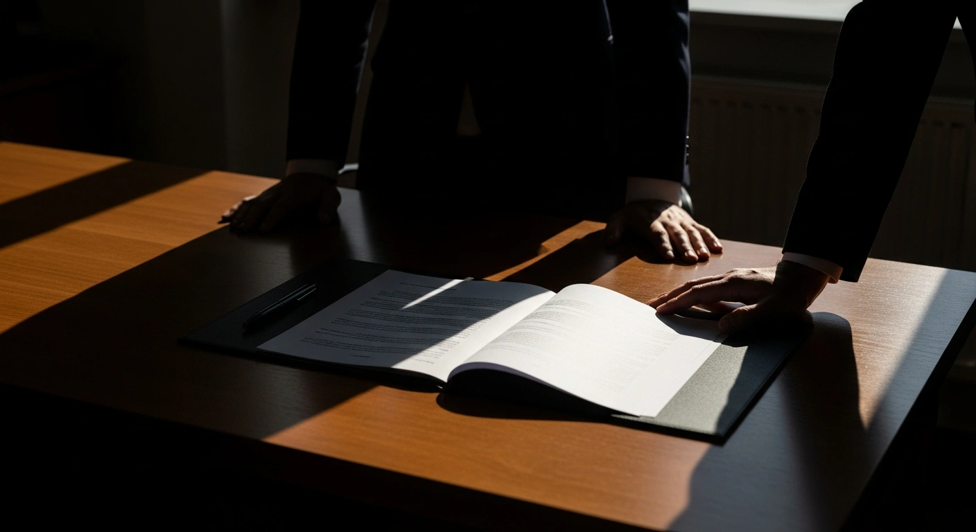 A stark, high-contrast image shows a modern office desk with a single, official document under the shadow of an imposing hand, visually representing the €330,600 fine imposed by Lithuania's Gambling Supervisory Authority on Baltic Bet for anti-money laundering compliance failures, including issues with identity verification and customer fund origin.