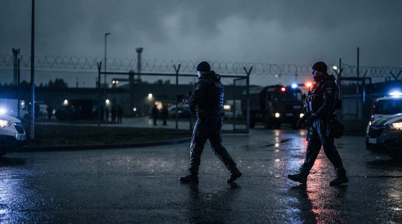 Latvian and Estonian security officials conduct an investigation at a military facility following the arrest of three suspects involved in an arson attack.