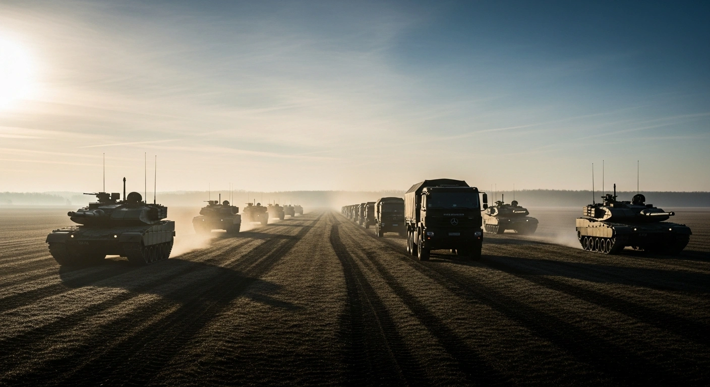 A wide, cinematic shot at dawn shows a convoy of modern military vehicles, including tanks and armored personnel carriers, moving in formation across an open plain, symbolizing the new military mobility space agreement signed by Latvia, Lithuania, and Estonia to strengthen NATO's eastern flank.