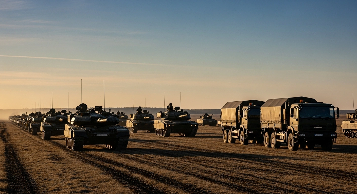 A low-angle, golden hour photograph depicts a column of military vehicles, including tanks and armored personnel carriers, moving across an open plain, symbolizing the joint 'Military Mobility Zone' initiative by Estonia, Latvia, and Lithuania to enhance regional defense and NATO's eastern flank security.