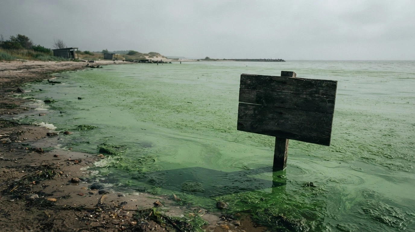 A thick layer of toxic blue-green algae covers the surface of a Baltic Sea beach where health officials have warned swimmers to stay out of the water.