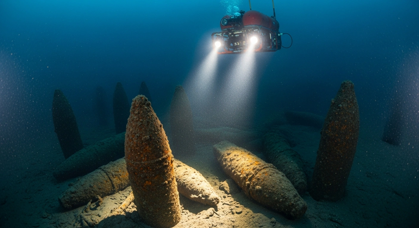 A remotely operated vehicle uses bright lights to inspect rusting World War II munitions resting on the floor of the Baltic Sea.