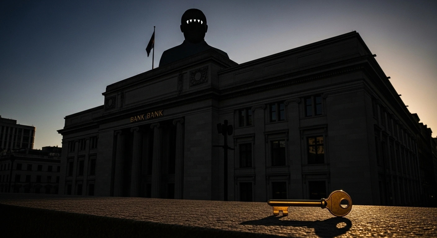 A grand, neoclassical bank building facade at dusk, partially obscured by the long, dark shadow of a large corporate entity, symbolizing Grupo Mexico's acquisition bid for Citi's retail unit Banamex, while a gleaming golden key in the foreground represents Fernando Chico Pardo's complicating 25% stake.