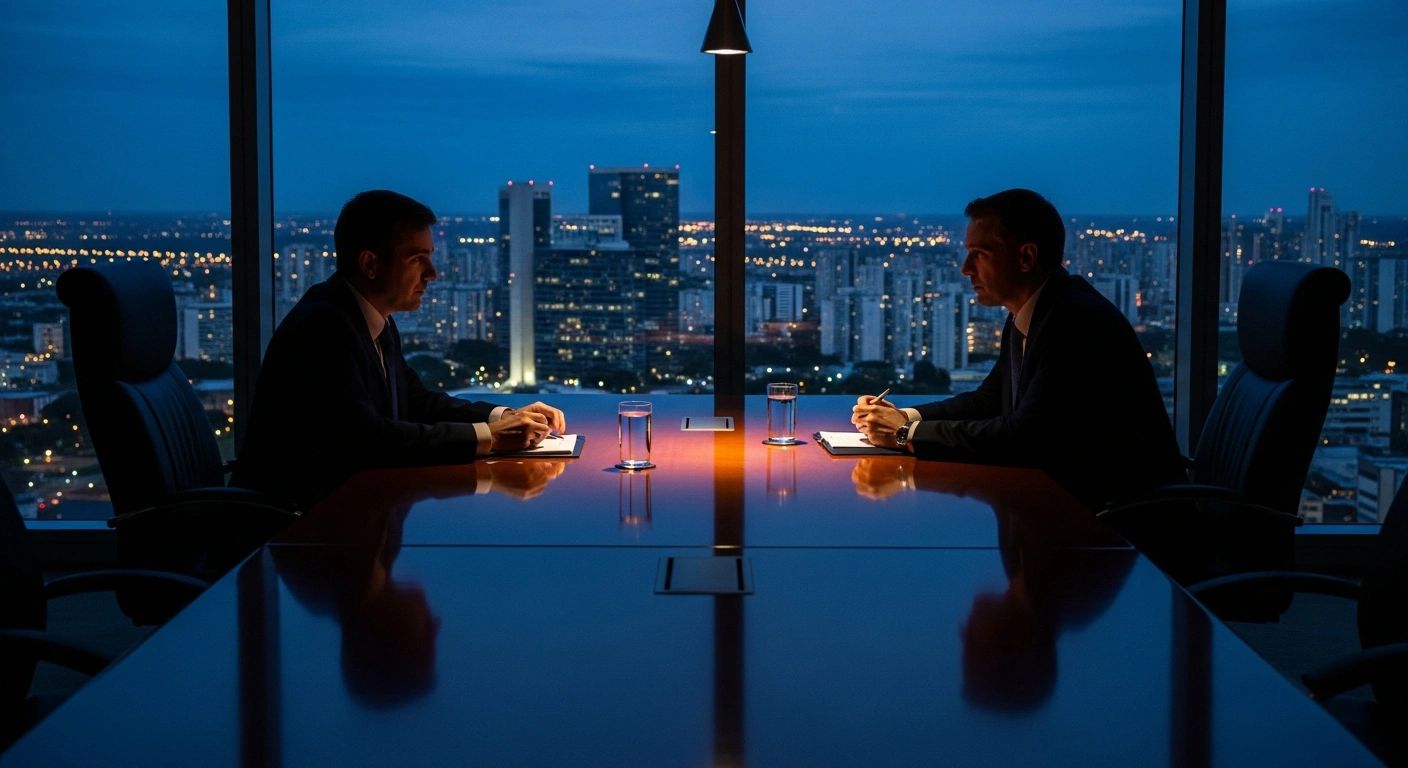 Two shadowy figures representing Banco Master executive Daniel Vorcaro and Senator Ciro Nogueira meet in a dark, high-end boardroom to discuss legislative influence in Brazil.