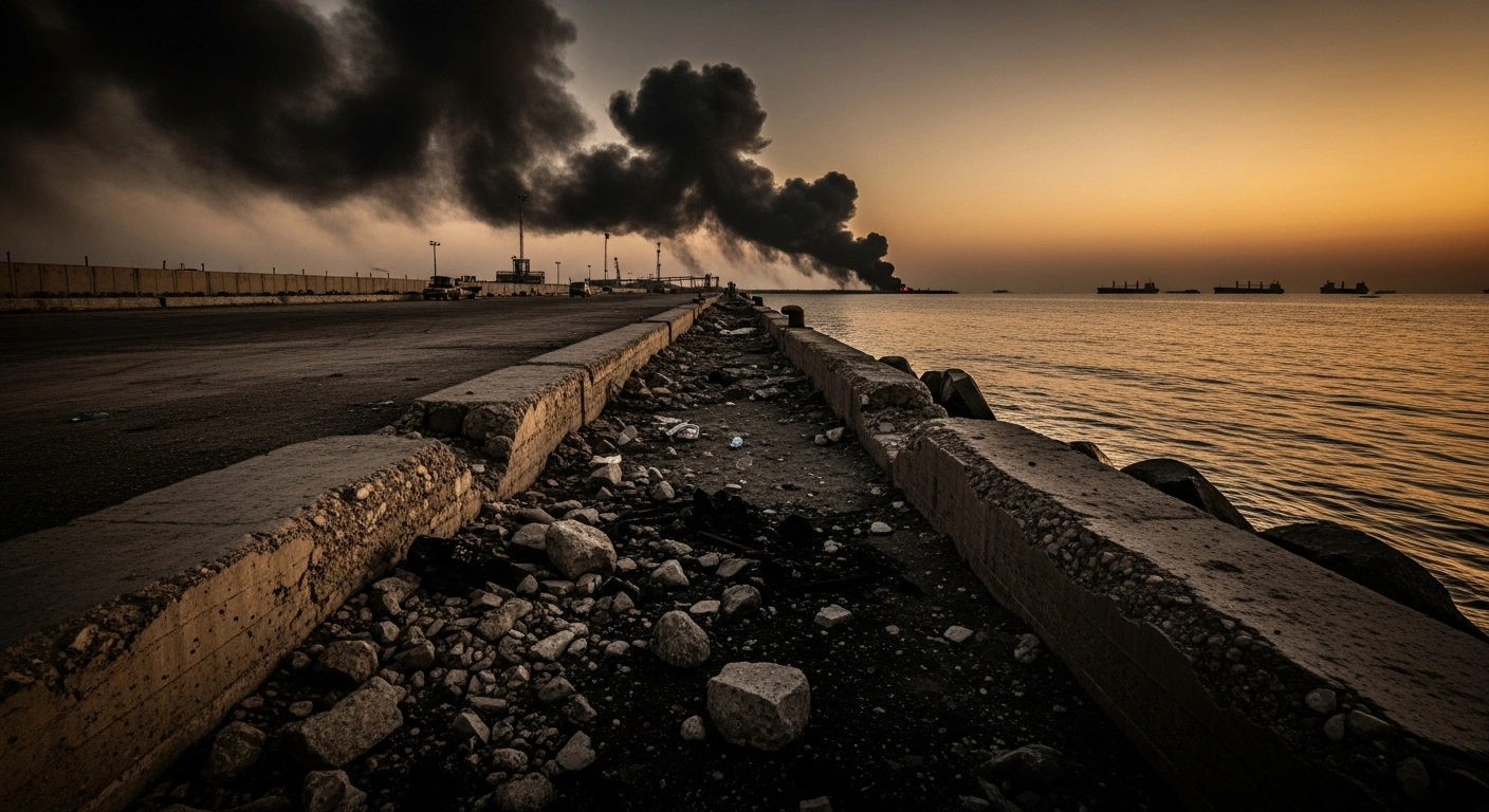 A desolate pier in the Iranian port city of Bandar-e-Khamir shows signs of a recent strike with smoke rising into the evening sky.