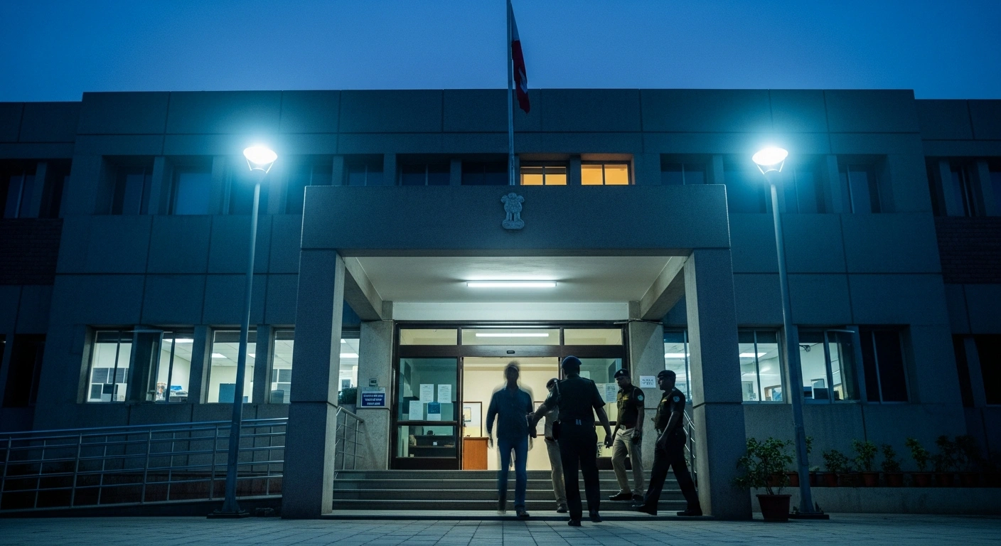 A cinematic view of a police station at dusk where Bandi Bageerath is being escorted by Cyberabad police officers following his arrest under the POCSO Act.