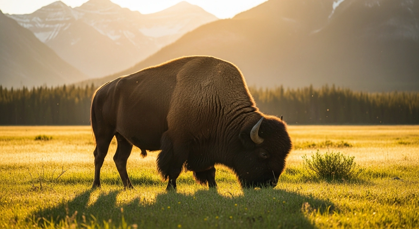 A plains bison grazes in a meadow in Banff National Park as part of a successful ecological restoration program.