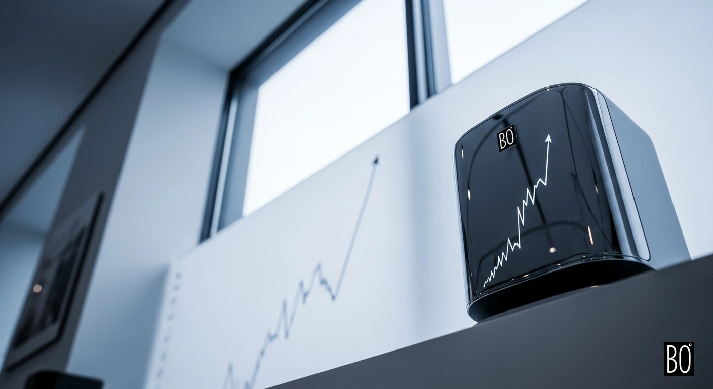 A sleek Bang & Olufsen speaker stands prominently in a minimalist showroom, subtly reflecting an upward-trending financial graph in the background, symbolizing the luxury audio brand's H1 2025/26 financial report showing a revenue decrease but anticipated growth from product launches and new store openings.