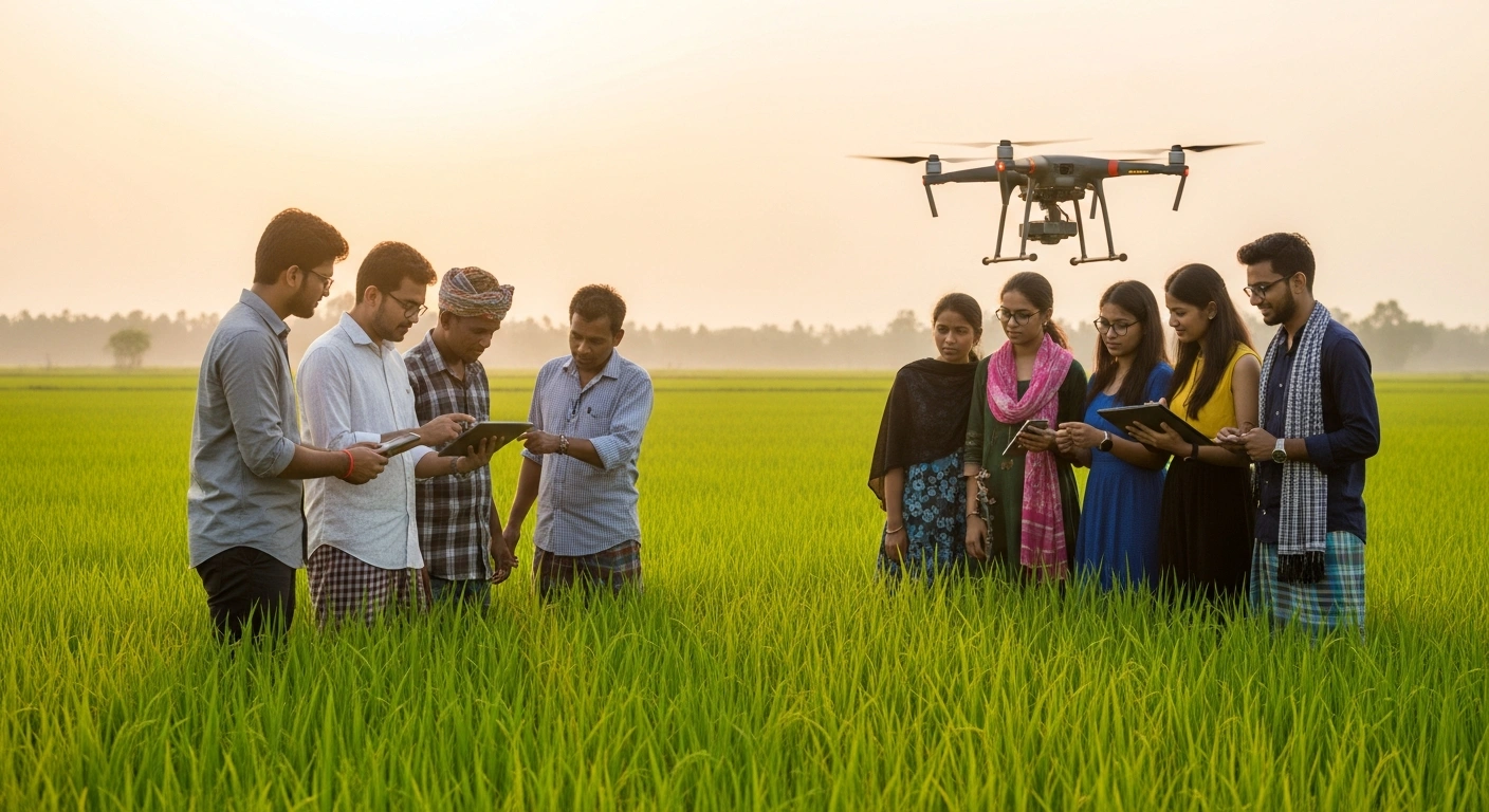 A group of students and a farmer use a digital tablet and a drone to monitor crops in a lush agricultural field in Bangladesh.