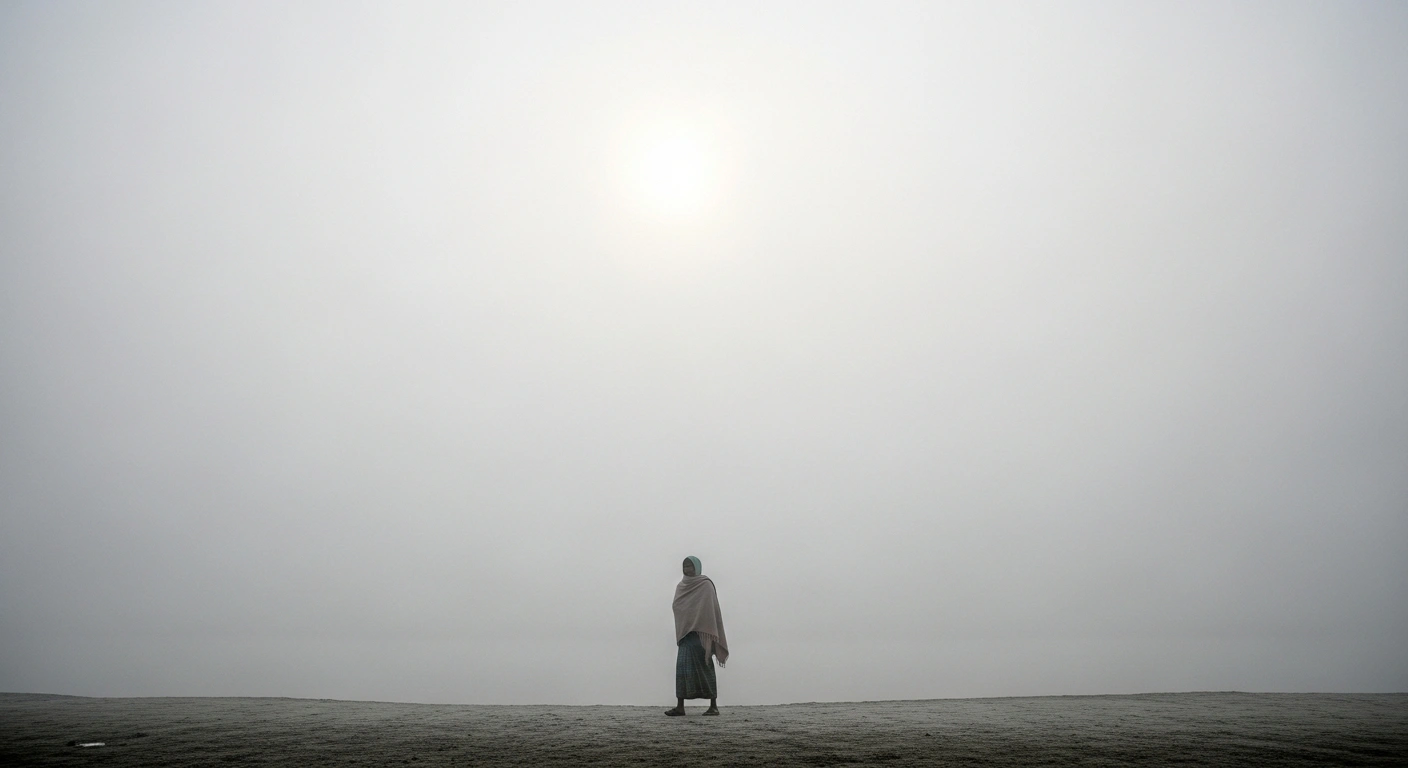 A lone, bundled figure walks along a deserted, fog-shrouded riverbank in Bangladesh, illustrating the severe cold wave and dense fog that disrupted transport and posed health risks across 17 districts on January 1, 2026.