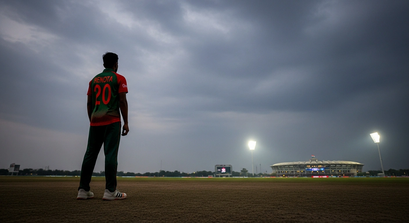 A lone Bangladeshi cricketer stands silhouetted against a stormy sky, gazing towards a distant, brightly lit Indian cricket stadium, symbolizing the Bangladesh Cricket Board's refusal to play 2026 T20 World Cup matches in India due to security and political concerns, following issues like Mustafizur Rahman's IPL removal.