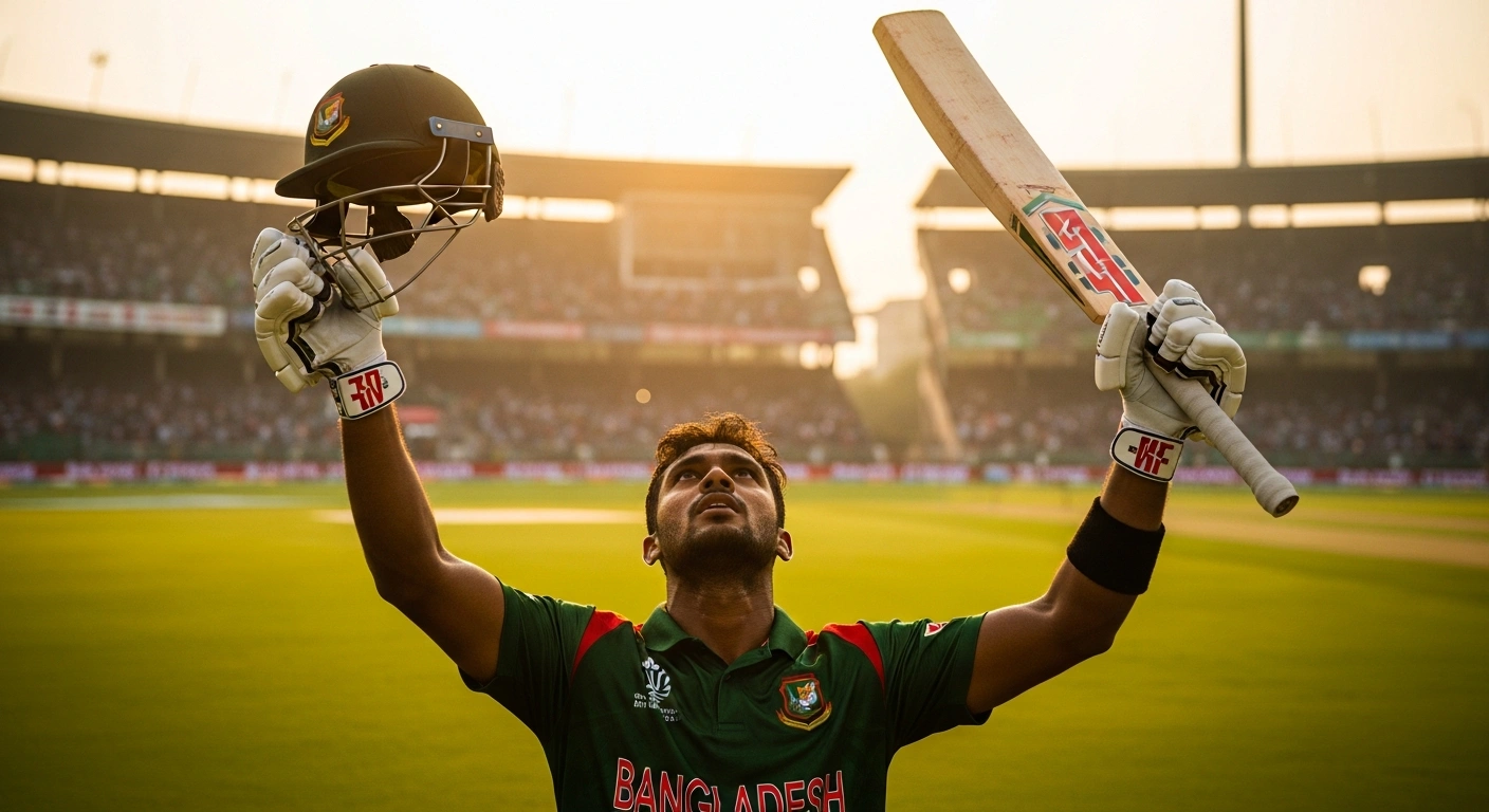 A Bangladeshi cricket player celebrates a victory on the field after defeating Pakistan in an ODI match in Dhaka.