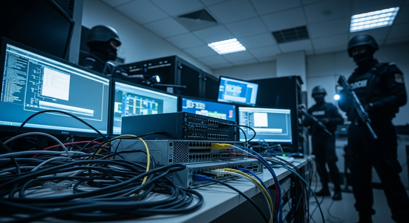 Bangladesh police officers inspect sophisticated computer equipment and networking hardware seized from an illegal cyber fraud and gambling syndicate in Dhaka.