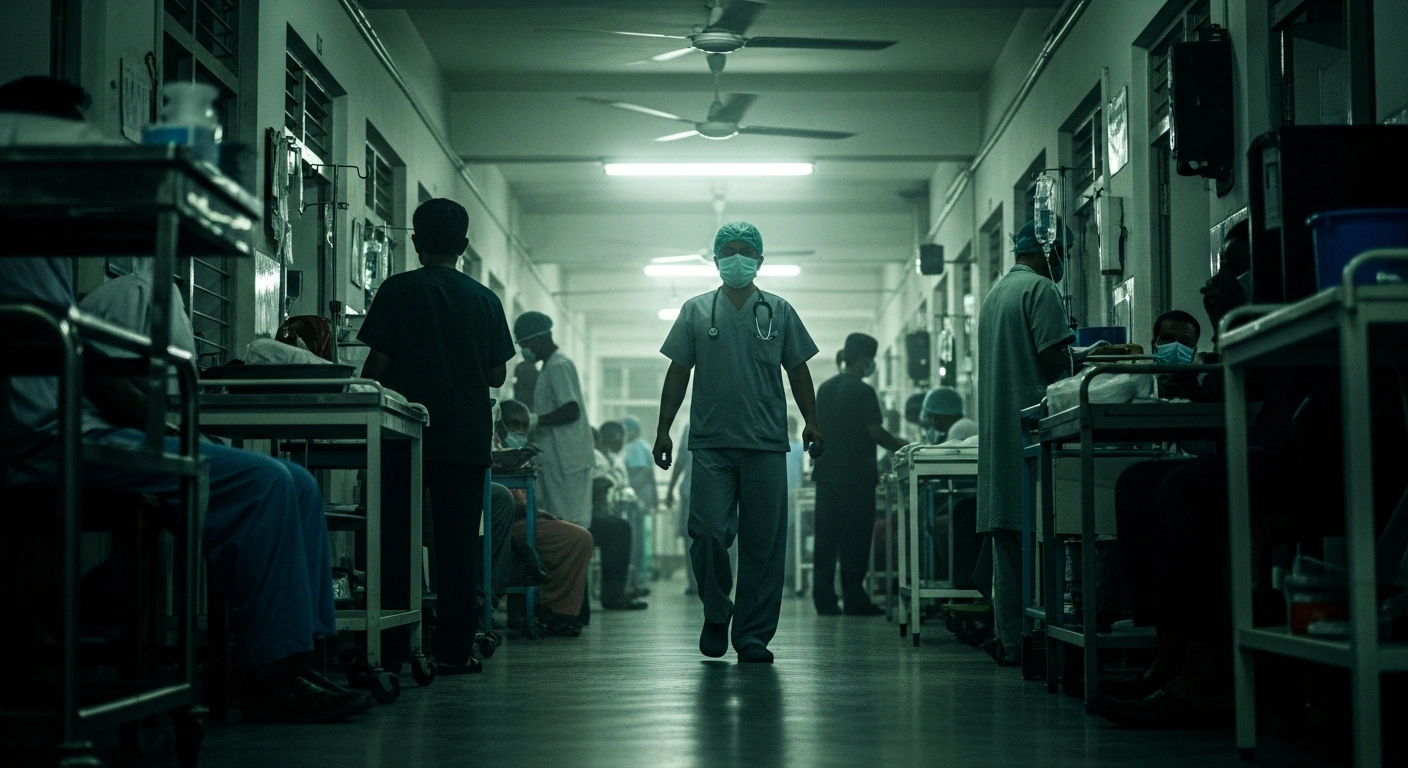 A medical professional walks through a crowded hospital ward in Bangladesh during a surge of dengue fever cases.
