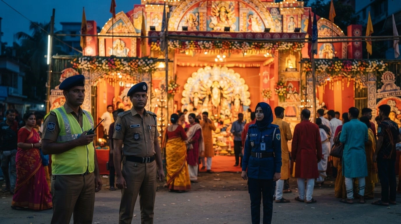 Law enforcement officers stand guard at a brightly decorated Durga Puja pandal in Bangladesh to ensure security during the religious festival.