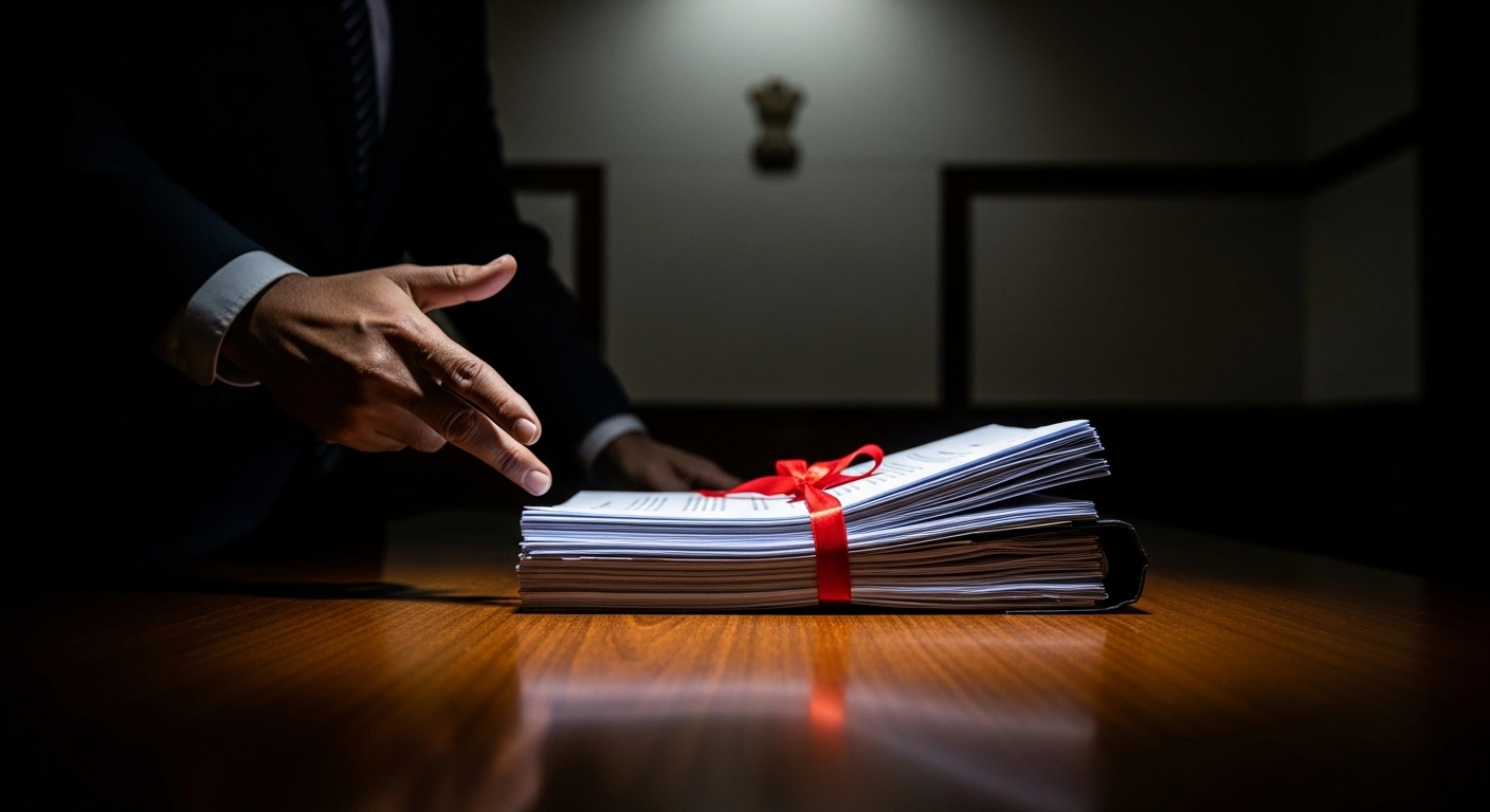 A stack of official documents, bound with a red ribbon, is formally presented on a dark wooden table, symbolizing the Bangladesh Jamaat-e-Islami-led 11 Party Alliance's challenge to the February 12 general election results, alleging fake votes and irregularities.