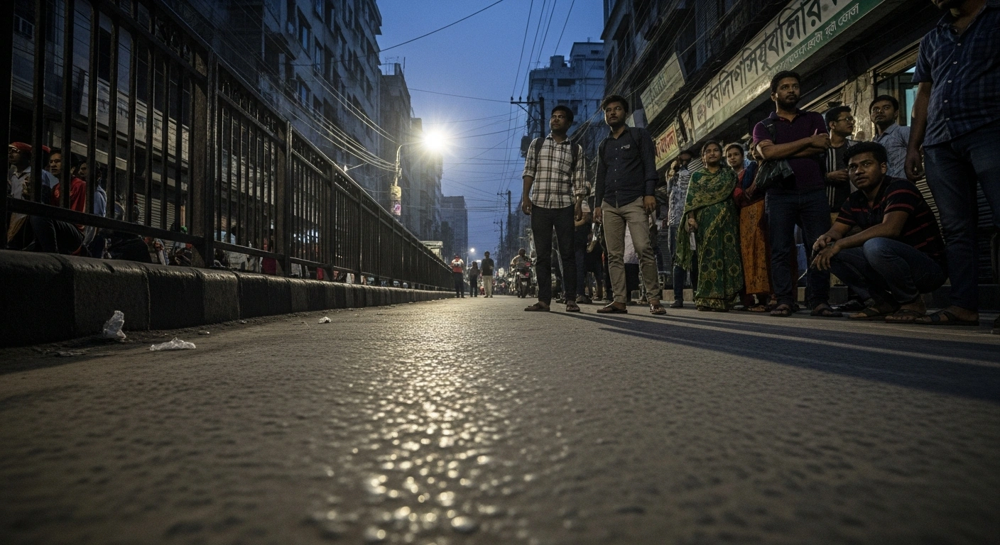 A low-angle wide shot of a dimly lit street in Dhaka at twilight, showing a small group of people with apprehensive expressions, conveying communal anxieties and political instability in Bangladesh before upcoming general elections and a constitutional referendum.