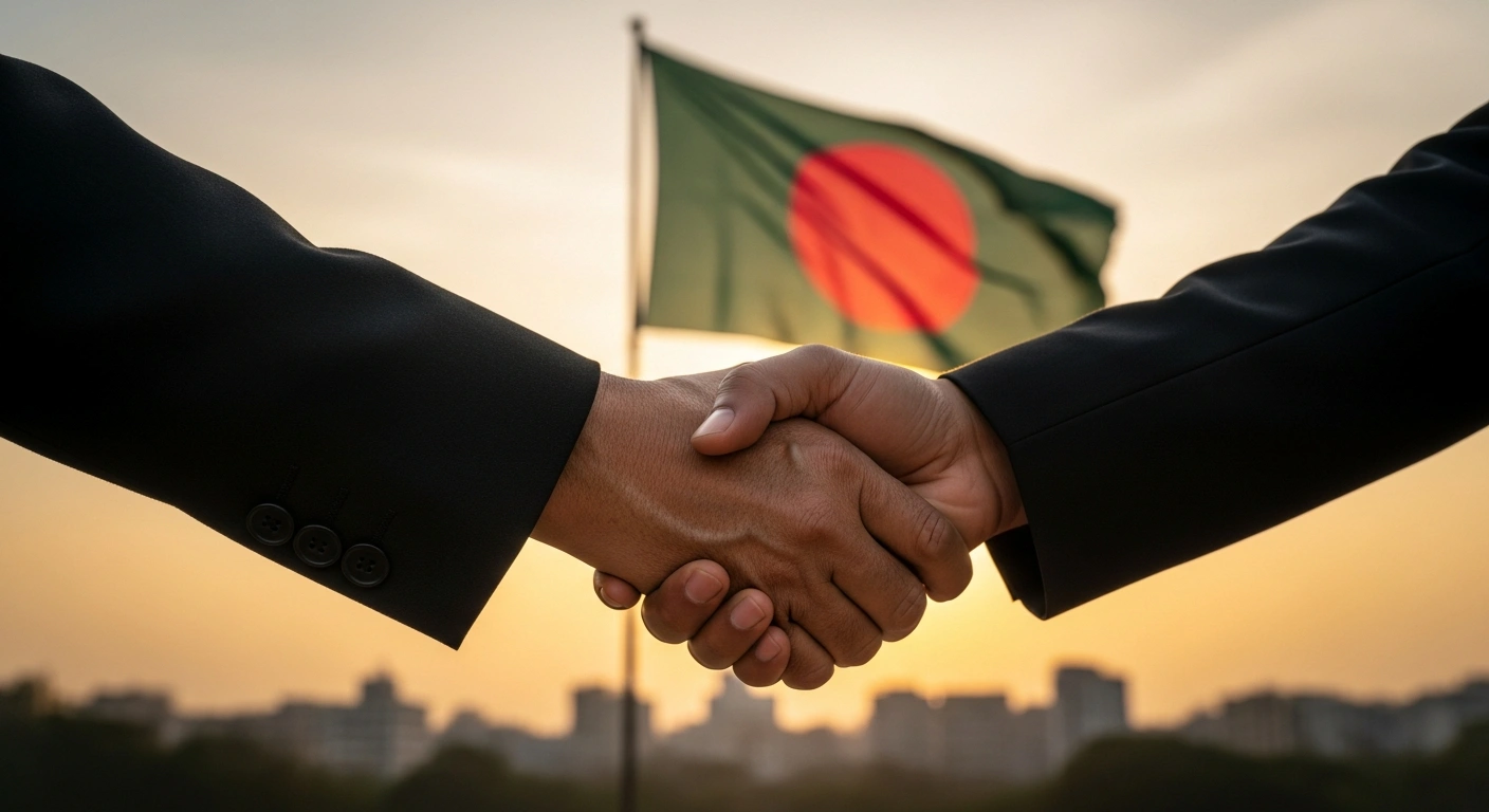 A symbolic handshake between representatives of the Bangladesh Labour Party and the Jamaat-e-Islami-led electoral alliance, expanding the coalition to 11 parties, set against a blurred backdrop of the Bangladeshi flag and Dhaka skyline, representing the upcoming 13th parliamentary elections and constitutional referendum.