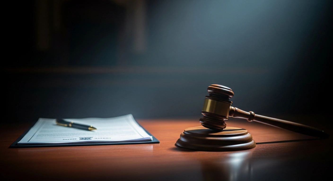 A wooden gavel rests on a desk in a dark courtroom, representing the formal extradition request for former Prime Minister Sheikh Hasina by the Bangladeshi government.