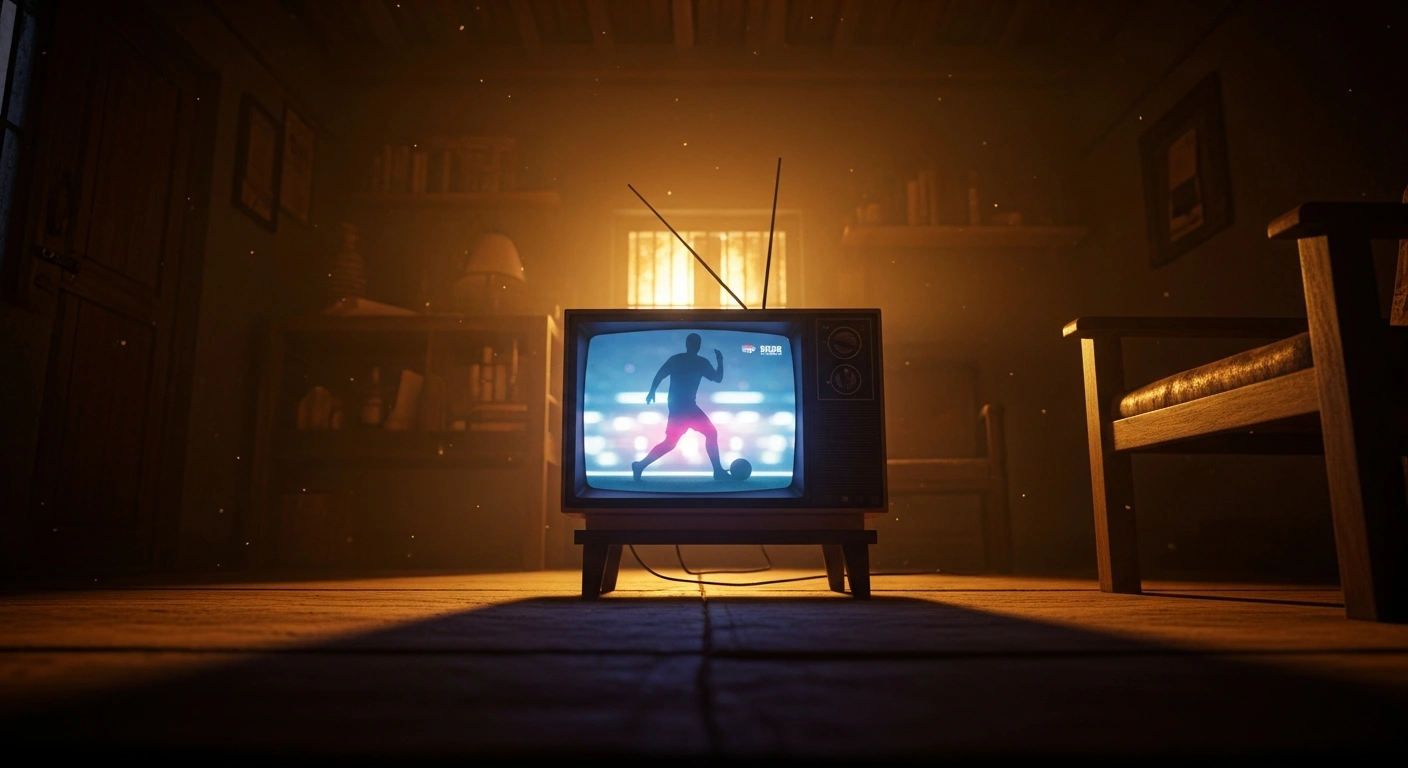 A glowing television screen in a dimly lit room represents Bangladesh Television securing the exclusive broadcasting rights for the FIFA World Cup 2026.