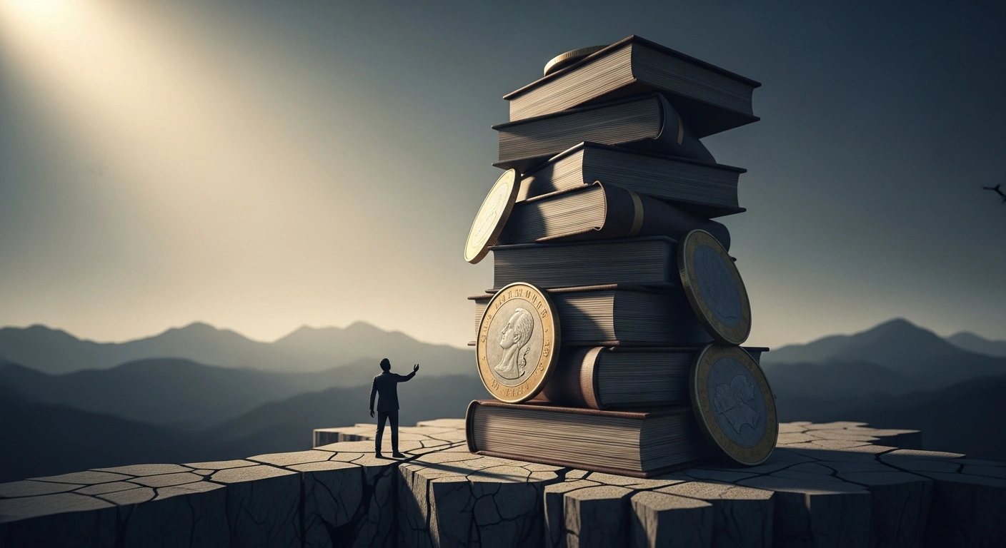 A silhouetted figure, representing Bangladesh's incoming government, stands before a teetering stack of oversized ledger books and tarnished coins, symbolizing the nation's substantial fiscal challenges, including a low tax-to-GDP ratio and public debt burden, highlighting the critical need for effective revenue mobilization and debt management for economic stability.