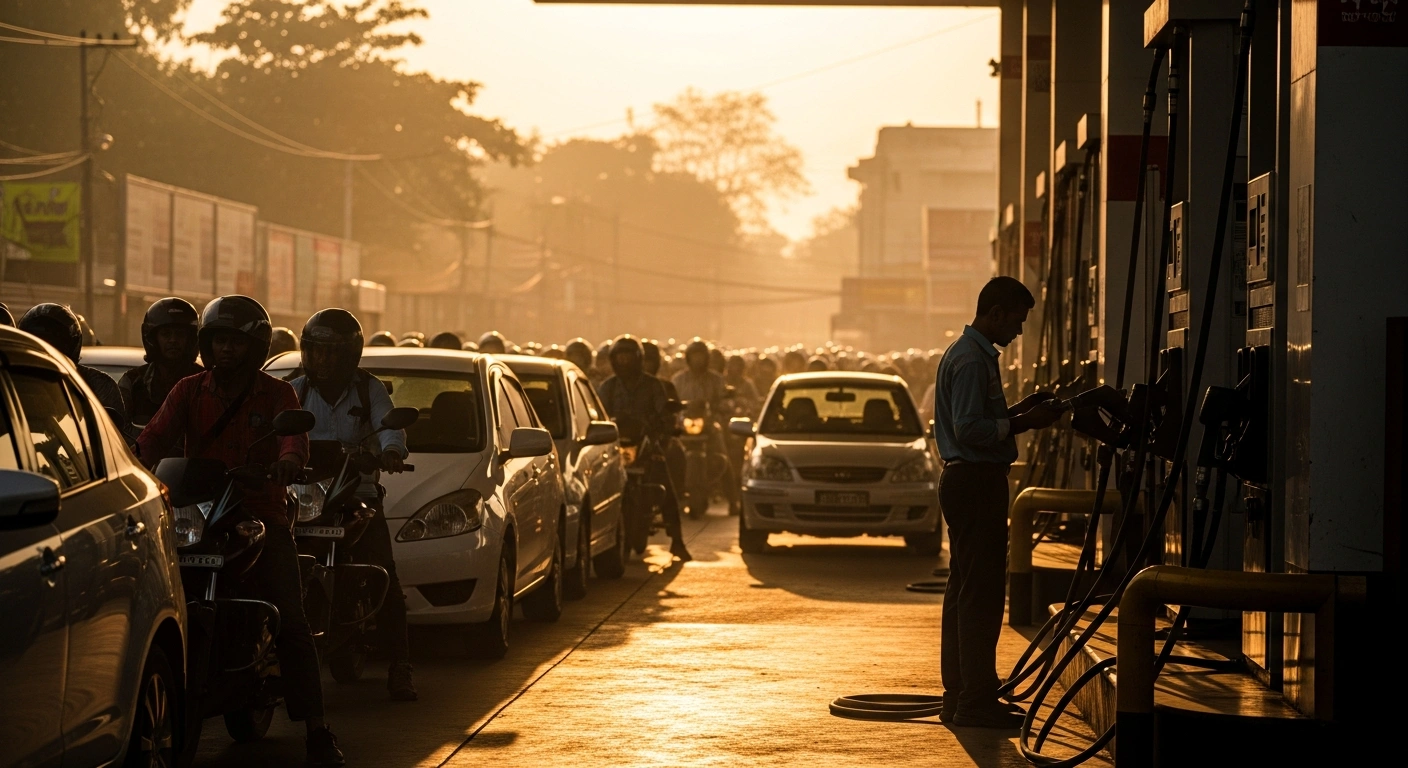 A long line of motor vehicles waits at a fuel station in Bangladesh as the country implements new daily purchase limits to manage energy supply constraints.
