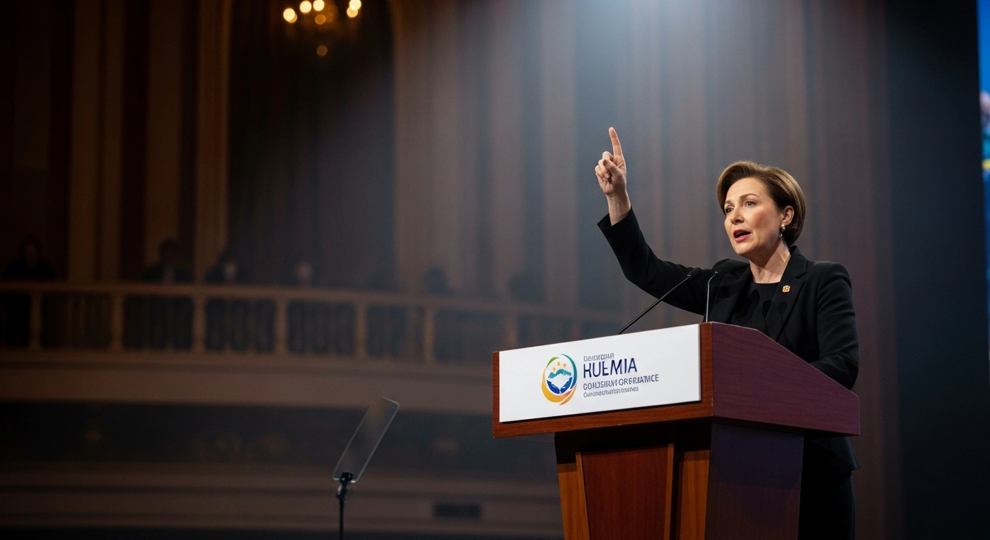 A low-angle photograph depicts a charismatic female speaker, resembling former Prime Minister Sheikh Hasina, delivering a public address from a podium under bright stage lights in a grand conference hall, symbolizing her speech in New Delhi that caused 