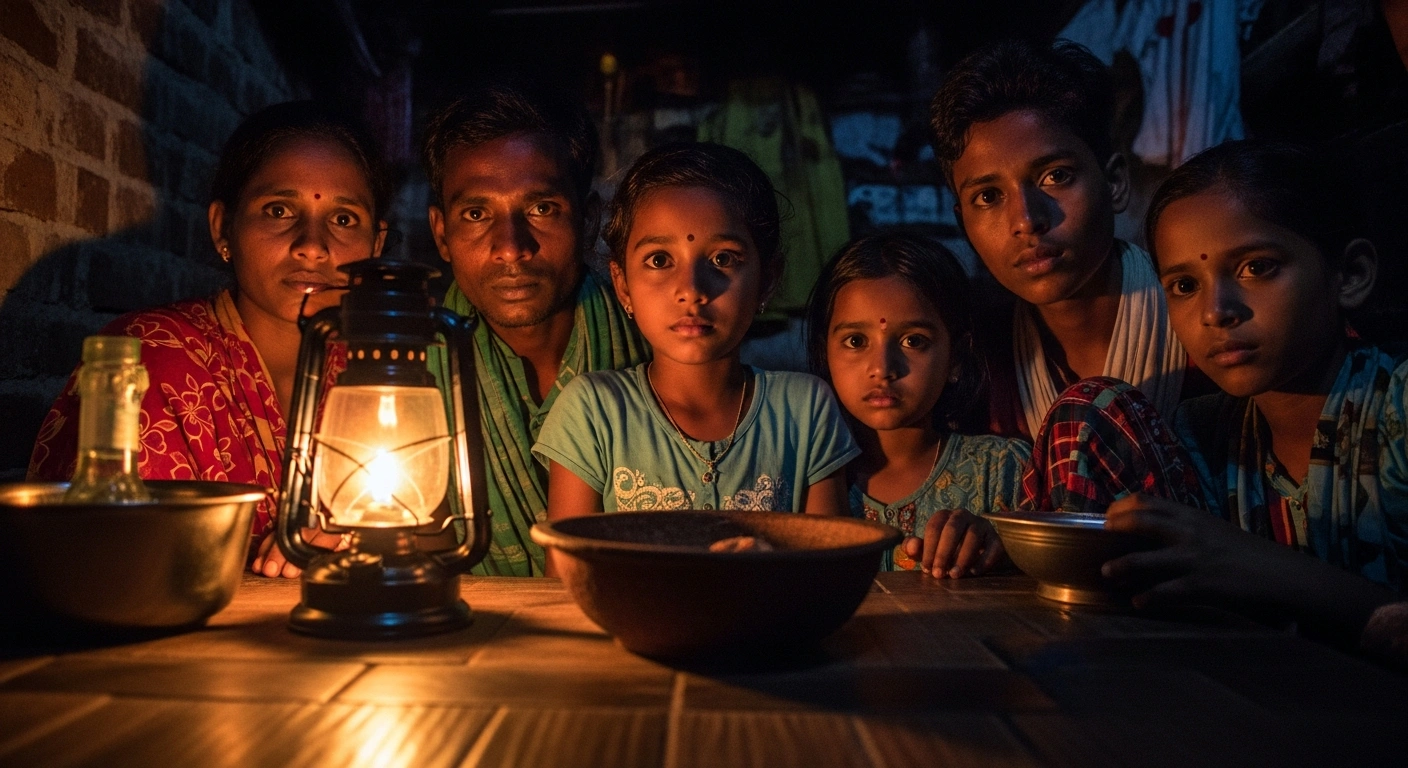A Bangladeshi Hindu family, including a mother and child, huddles together in a dimly lit home, their faces showing fear and uncertainty, symbolizing the heightened fears of the Hindu minority amidst communal violence ahead of the general election.