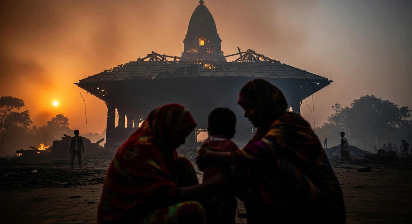 A low-angle, wide shot depicts the silhouette of a partially collapsed, smoldering temple or home against a smoke-filled twilight sky, with huddled figures in the foreground, representing targeted violence and arson against the Hindu minority community in Bangladesh.