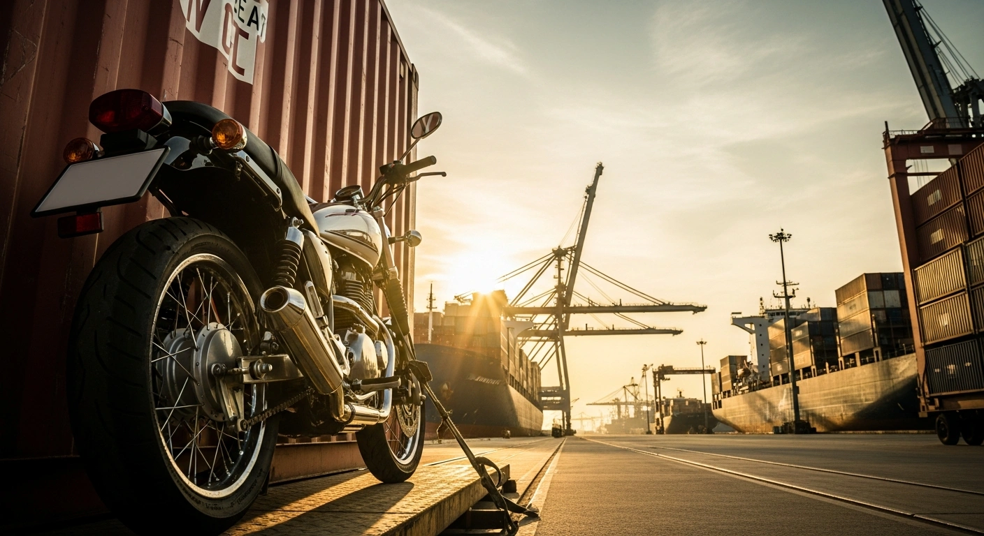 A new motorcycle is being loaded into a shipping container at a Bangladesh Honda Private Limited facility to begin international export.