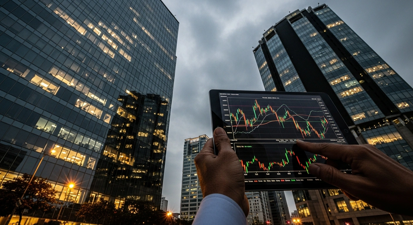 A close-up view of financial data on a tablet screen in front of a blurred cityscape in Bangladesh, representing the country's request for an IMF loan to address economic volatility.