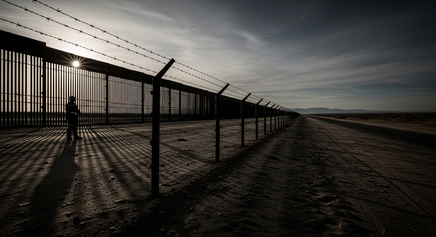 A desolate border fence stands in a dusty landscape, representing the site of incidents involving the Border Security Force and Bangladeshi nationals.