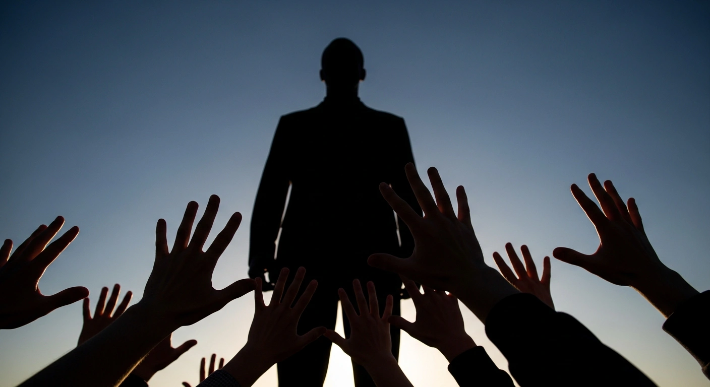 A low-angle shot shows diverse hands reaching upwards in the foreground, symbolizing religious minorities, with a silhouetted figure representing authority against a dramatic twilight sky, illustrating Bangladesh's strong concern over mob violence targeting minorities in India and its call for accountability.