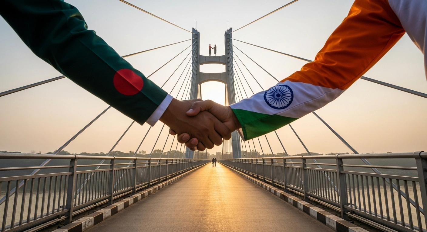 A symbolic image depicting a sun-drenched bridge with two figures, one representing Bangladesh and the other India, shaking hands at its center, signifying the resumption of tourist visa services and normalized diplomatic ties between the two nations.