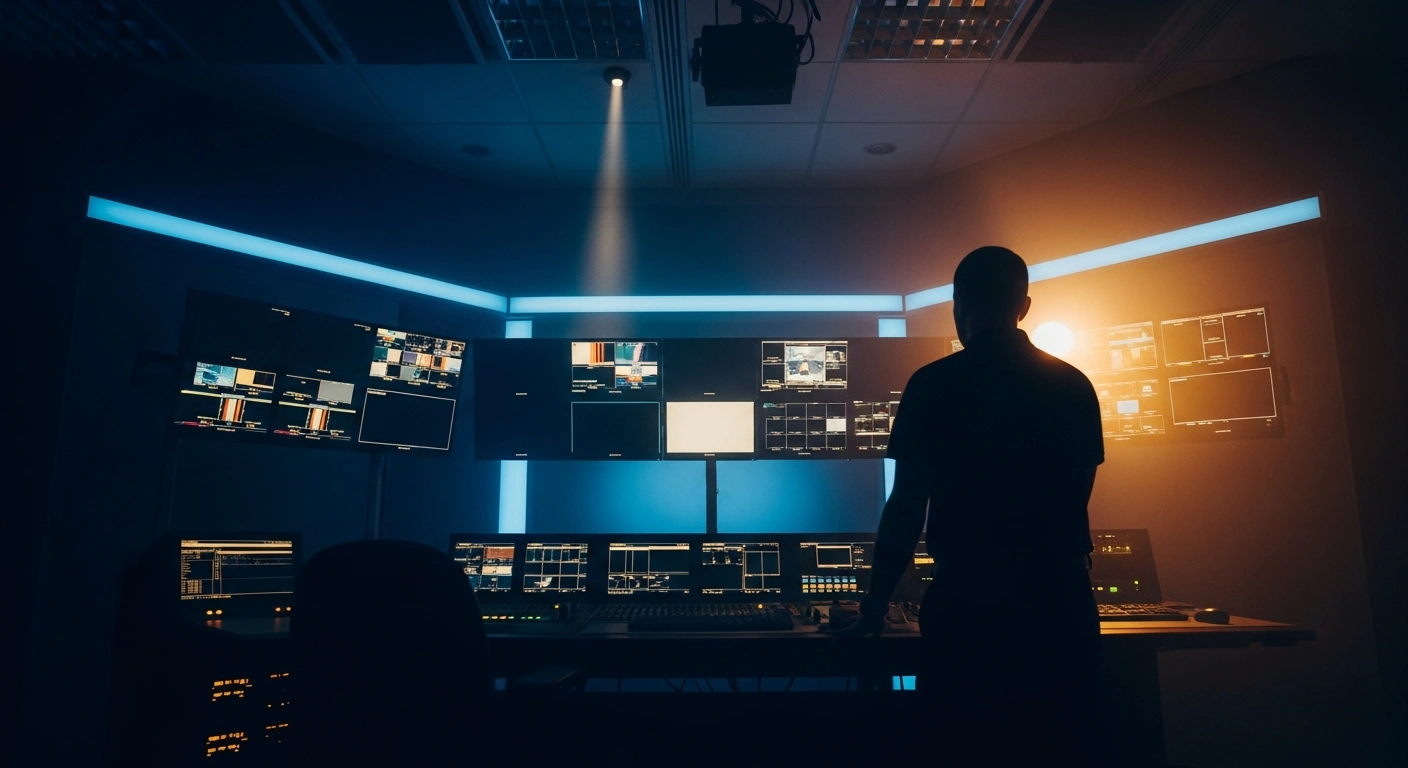 A dark, atmospheric television control room representing the media blackout and government restrictions on statements from former Prime Minister Sheikh Hasina in Bangladesh.