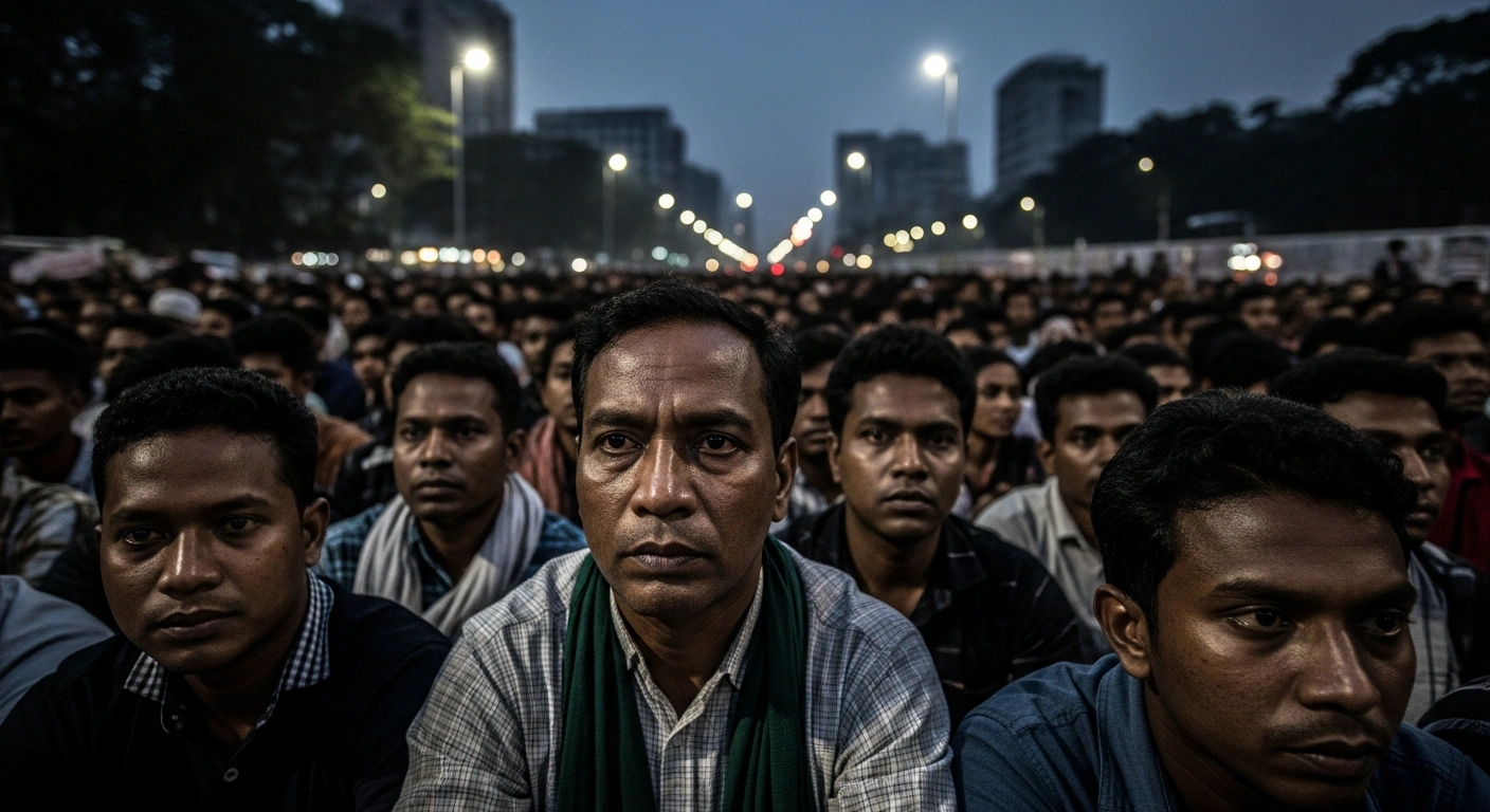 A large crowd of protestors from the Bangladesh Minority Unity Front gathers in Dhaka at dusk, their faces reflecting determination and weariness, as they protest the Muhammad Yunus-led interim government's failure to ensure security and justice for minority communities amidst ongoing persecution.