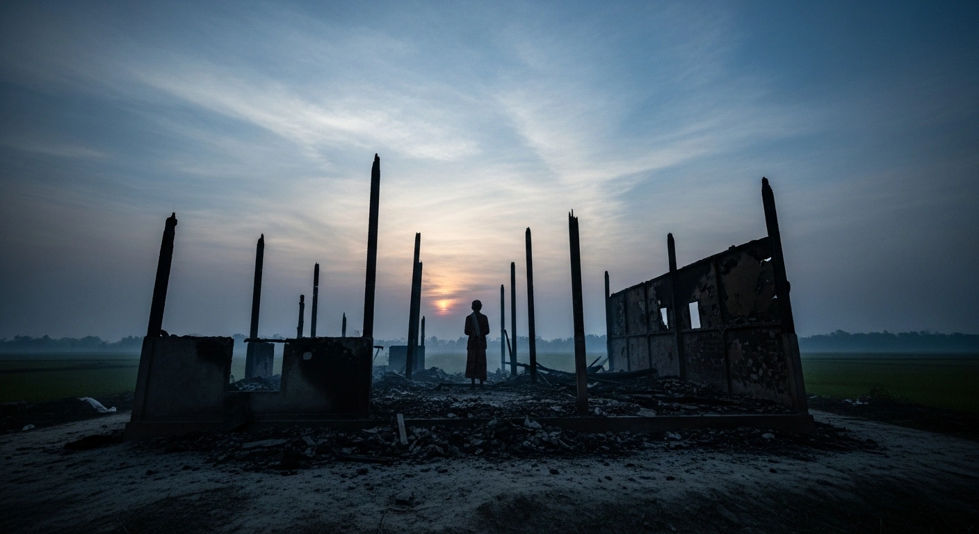 A somber scene depicts the aftermath of sectarian violence in Bangladesh, highlighting the safety concerns for minority communities.
