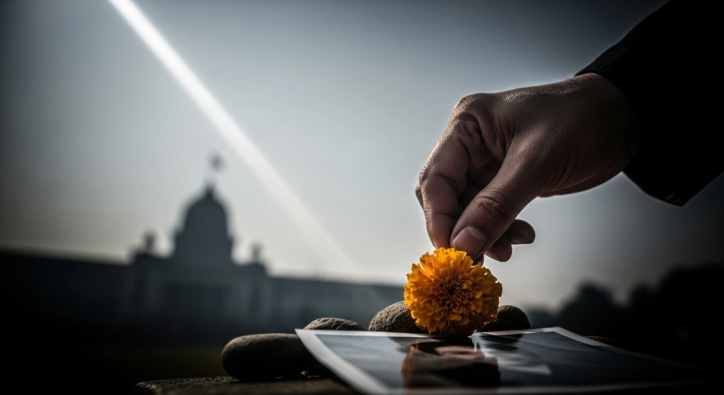 A weathered hand places a marigold on a makeshift memorial, with a grand official building silhouetted in the background, symbolizing India's condemnation of violence against minorities in Bangladesh and its call for peace and fair elections.