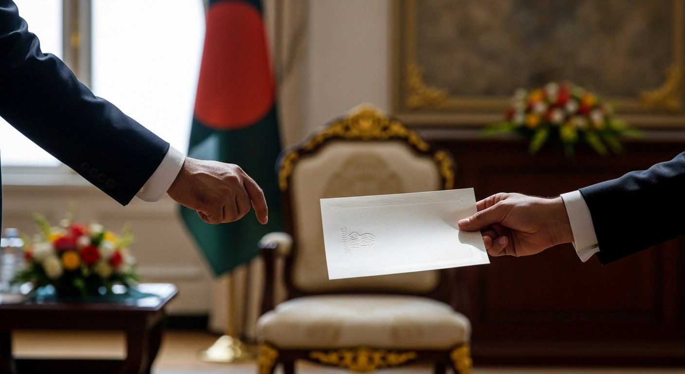 A formal hand extends an embossed invitation towards an empty ornate chair in a grand, sunlit hall, symbolizing Bangladesh's invitation to Indian Prime Minister Narendra Modi for Prime Minister-designate Tarique Rahman's swearing-in ceremony.