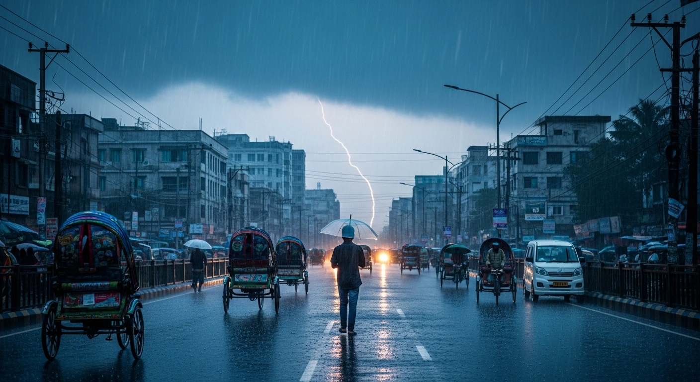 A rainy street scene in a Bangladeshi city during the monsoon season with pedestrians navigating through light to moderate rainfall under a cloudy sky.