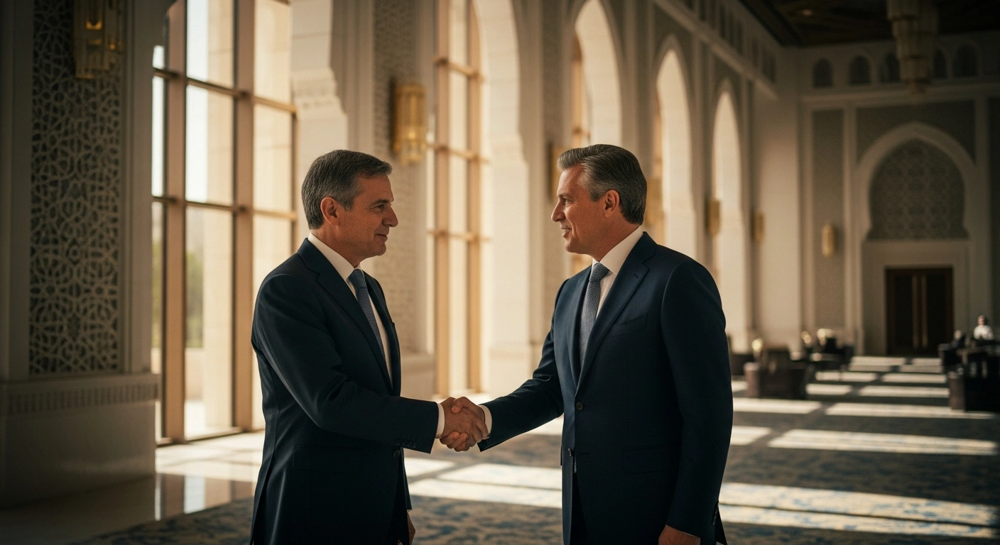 A Bangladeshi special envoy shakes hands with a Qatari official during a diplomatic meeting to discuss bilateral relations and the welfare of expatriates.