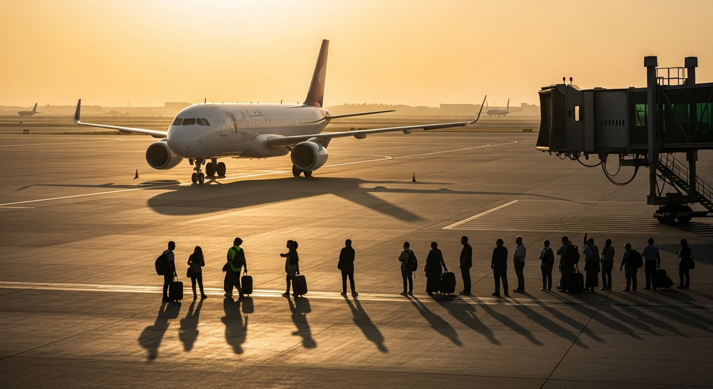 A Qatar Airways passenger jet prepares for a repatriation flight at an airport in Doha to transport Bangladeshi nationals home.